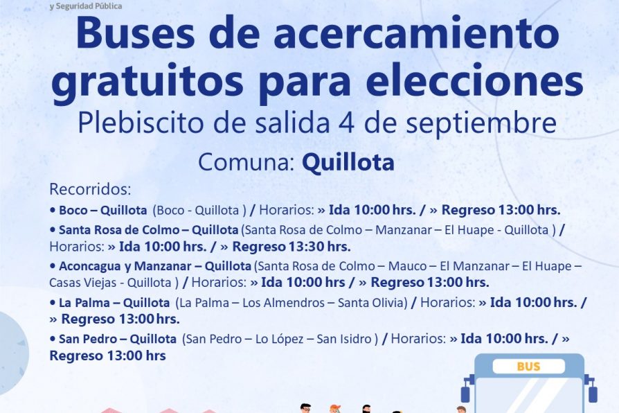 Delegación Presidencial Provincial de Quillota informa recorridos de buses de acercamiento gratuitos para plebiscito del 4 de septiembre